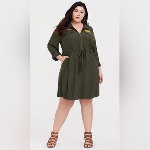Torrid Size 1 (14/16) Her Universe Captain Marvel Olive Patchwork Shirt Dress